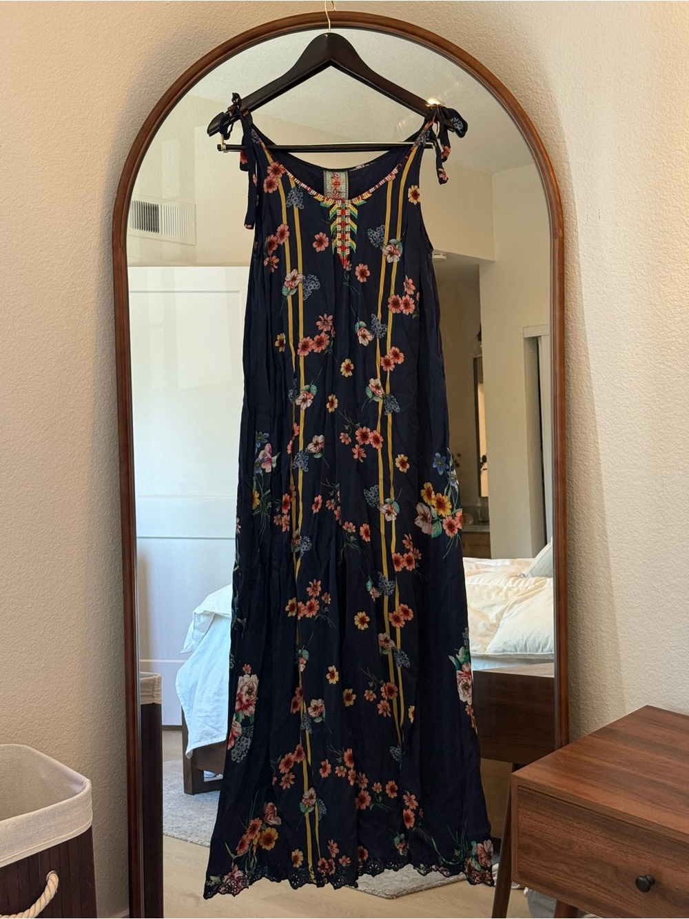 Johnny Was Navy Floral Maxi Dress with Yellow Stripe Detail